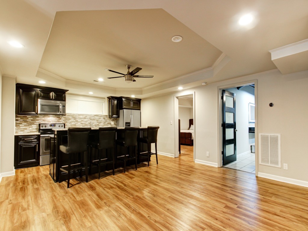 Finished basement kitchenette and living space
